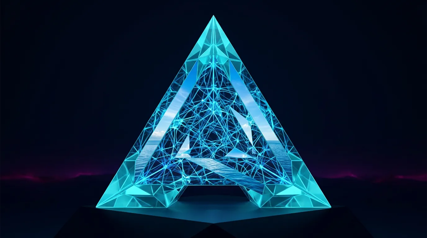 A crystalline triangular prism holding sea and sky, over a dark ocean horizon